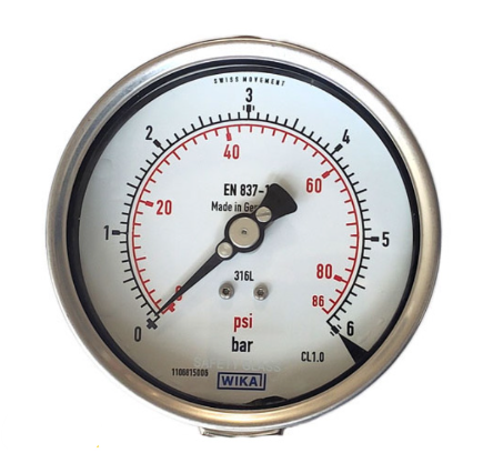گیج فشار تمام استیل ویکا صفحه ۱۰ سانت ۰–۶ بار – WIKA Stainless Steel Pressure Gauge 100 mm 0–6 bar