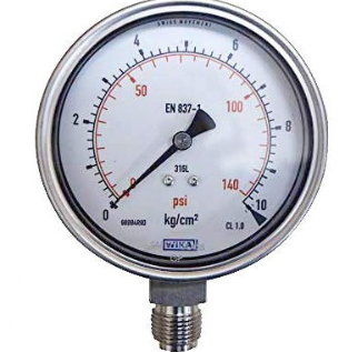 گیج فشار روغنی تمام استیل ویکا صفحه ۱۶ سانت ۰–۱۰ بار – WIKA Liquid-Filled Pressure Gauge 160 mm 0–10 bar