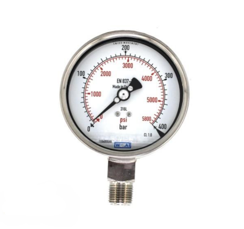 گیج فشار روغنی ویکا صفحه ۱۰ سانت رنج ۰–۴۰۰ بار – WIKA Liquid‑Filled Pressure Gauge 0–400 bar
